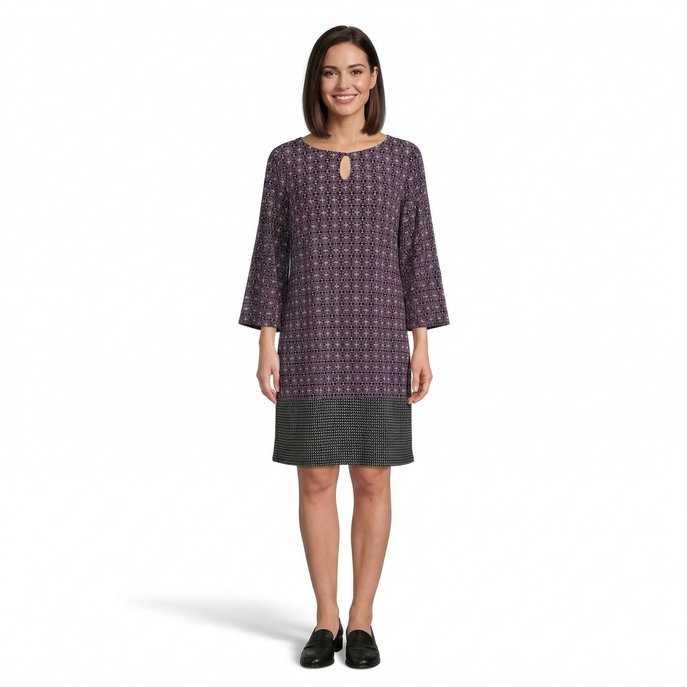 Dana Buchman Womens XL Purple Geometric Tile Print Keyhole Dress 3/4‎ Sleeve